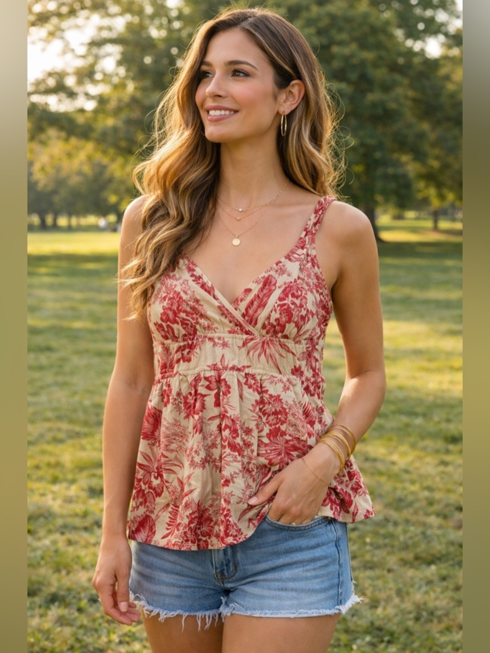 Point Zero Red Floral Boho Tank Top Medium Prairie Cottagecore Peplum